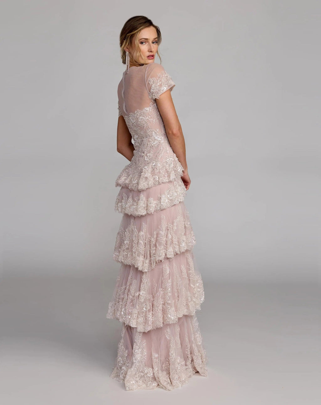 Rose Multi Embellished High Neck Gown With Tiered Ruffle Skirt