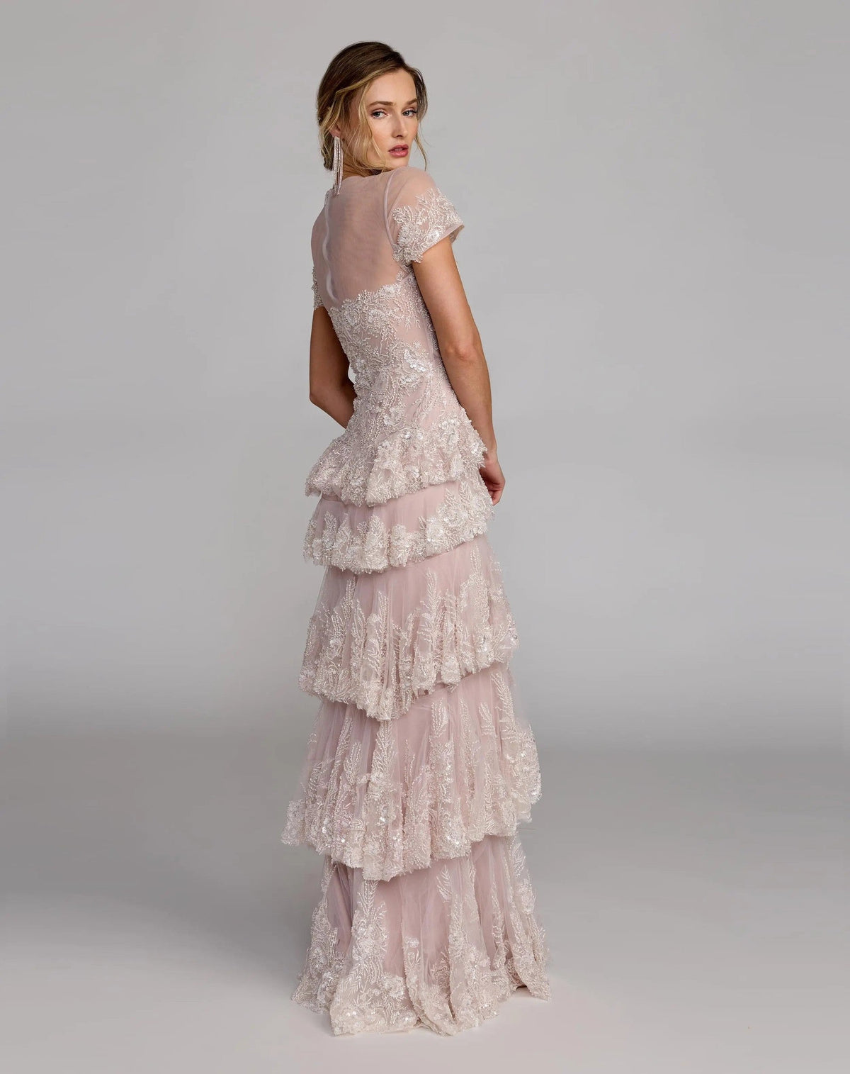 Rose Multi Embellished High Neck Gown With Tiered Ruffle Skirt