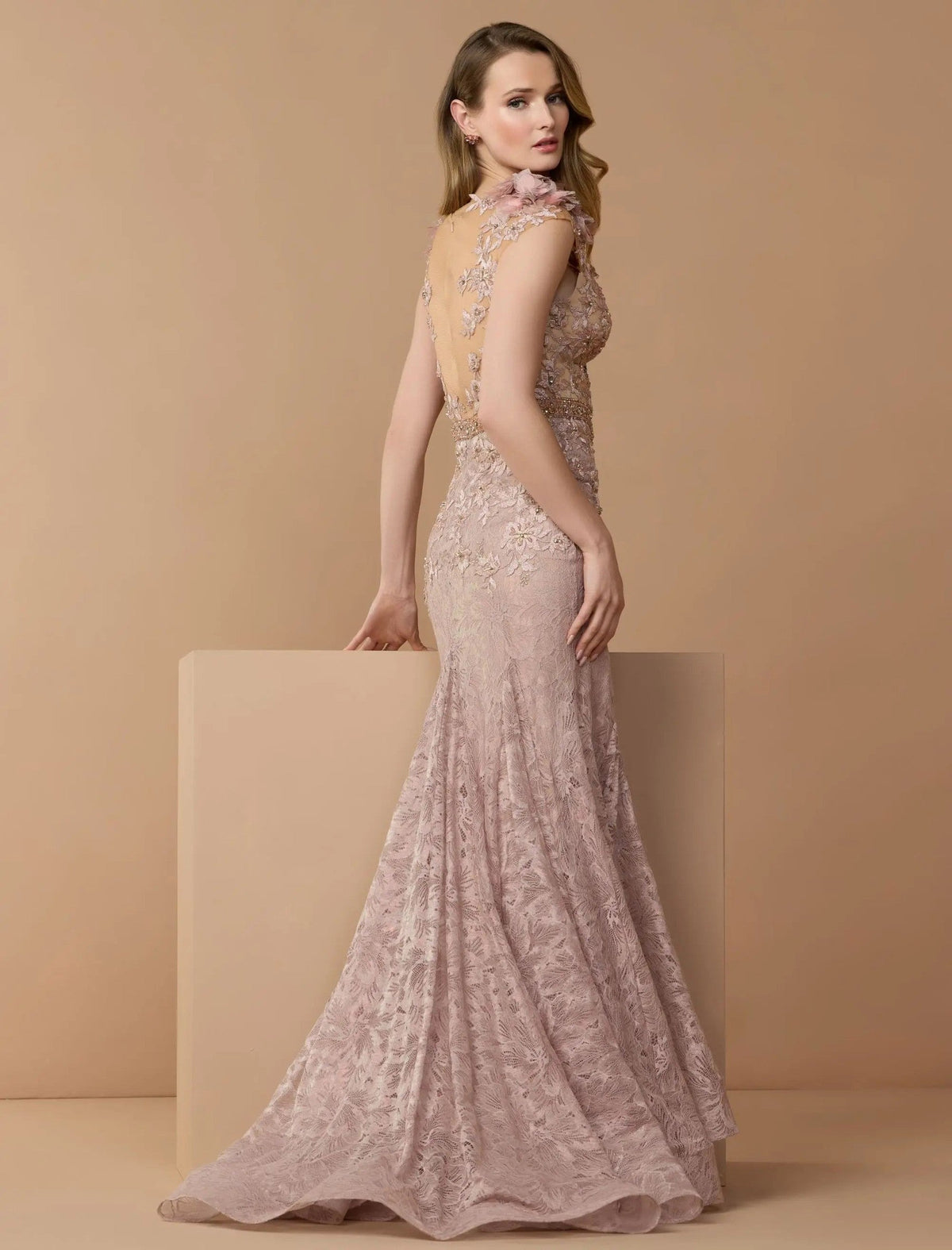 Mocha Embellished Lace Illusion Neck Gown With 3D Flowers