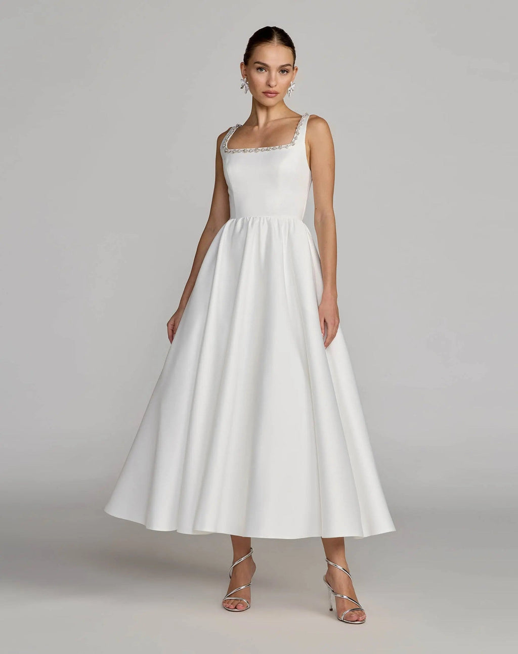 White Embellished Square Neck A-Line Midi Dress