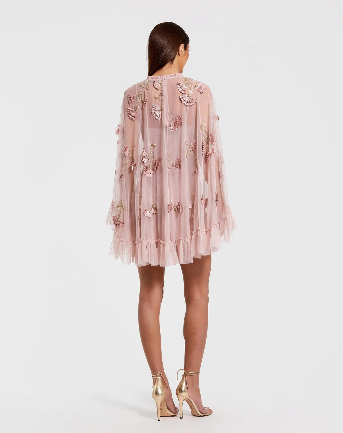 Pink Embellished Long Sleeve Trapeze Dress with Ruffle Hem