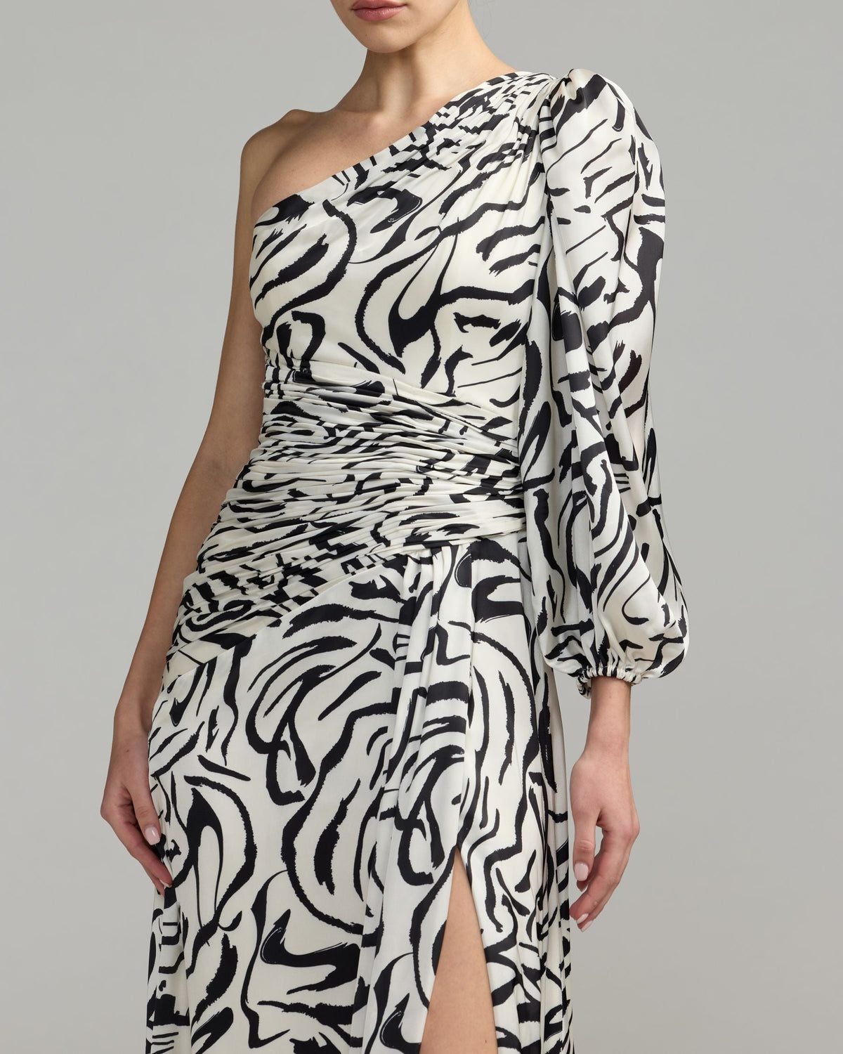 Ivory Multi Abstract Print One Shoulder Gown With Slit
