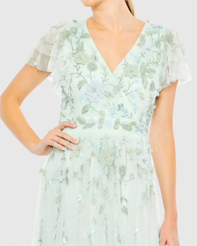 Green Ruffle Tiered Embellished Faux Wrap Flutter Sleeve Gown