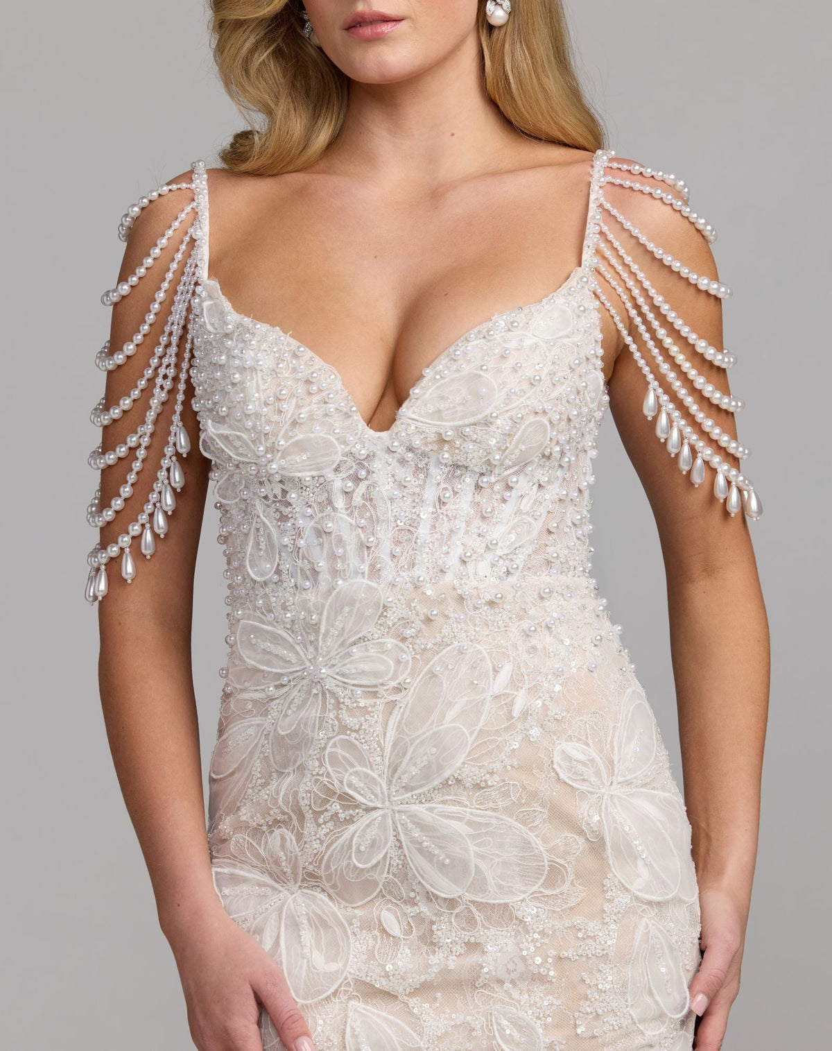 Ivory Nude Floral Lace Mermaid Gown With Draped Beading