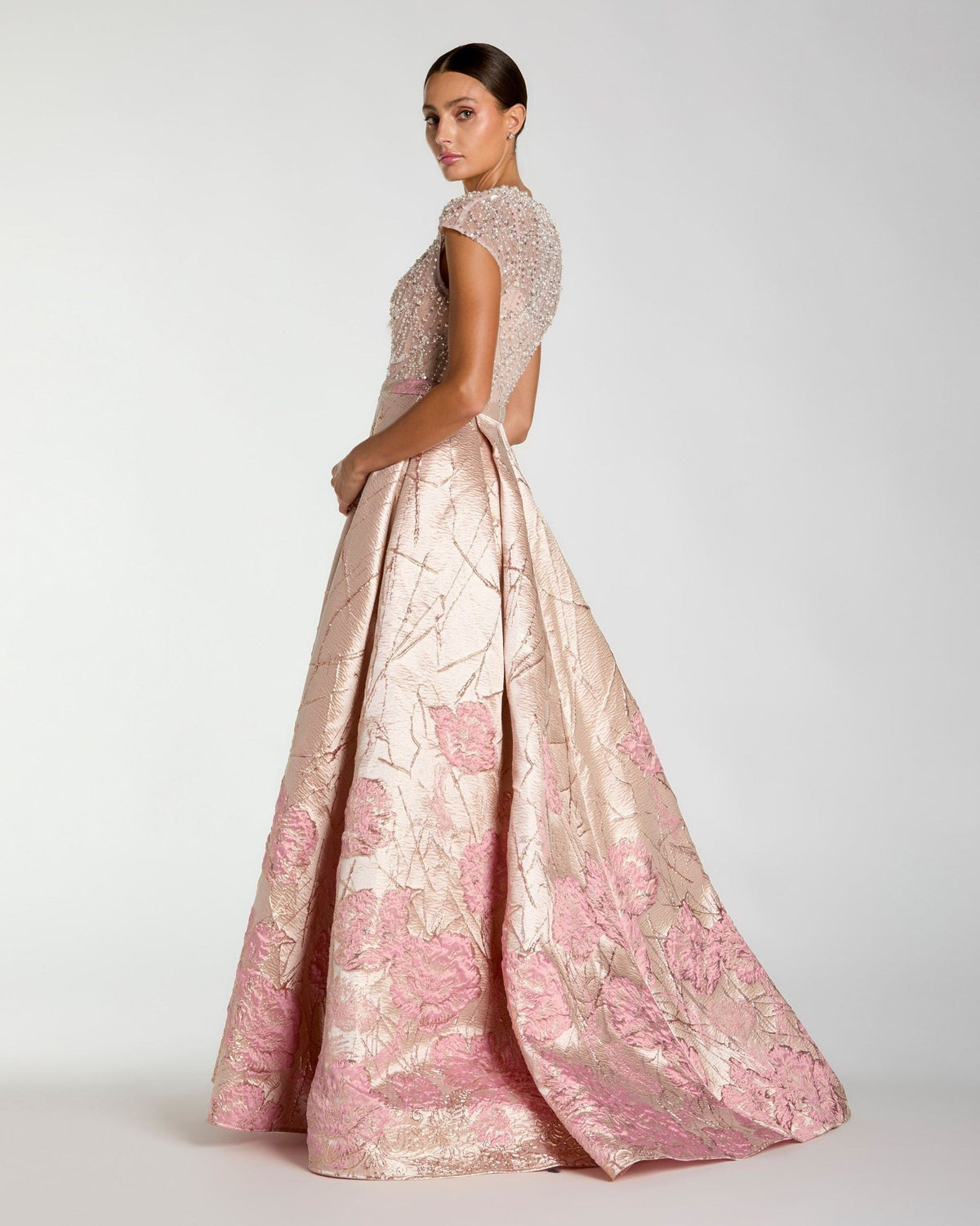 Blush Multi Cap Sleeve Embellished Floral Brocade Ball Gown