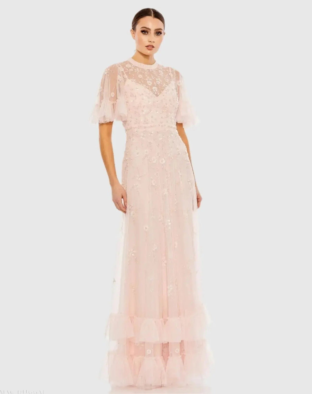 Ruffled Floral Embellished Flutter Sleeve A-Line Gown