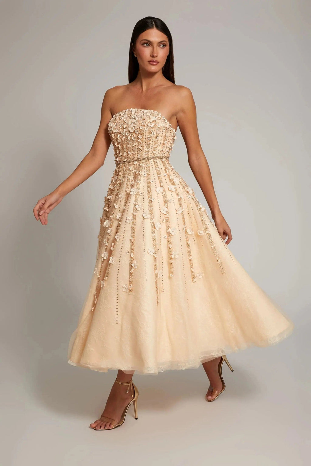 Champagne Strapless Floral Embellished Midi Dress