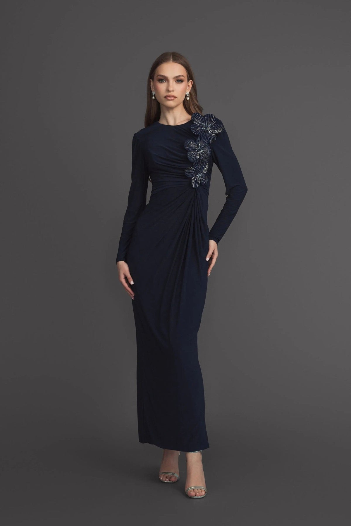 Navy Jersey Long Sleeve Fitted Gown With 3D Flowers