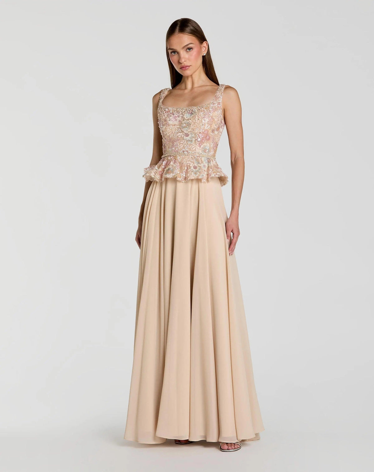 Beige Embroidered Peplum Top With Chiffon Skirt Gown