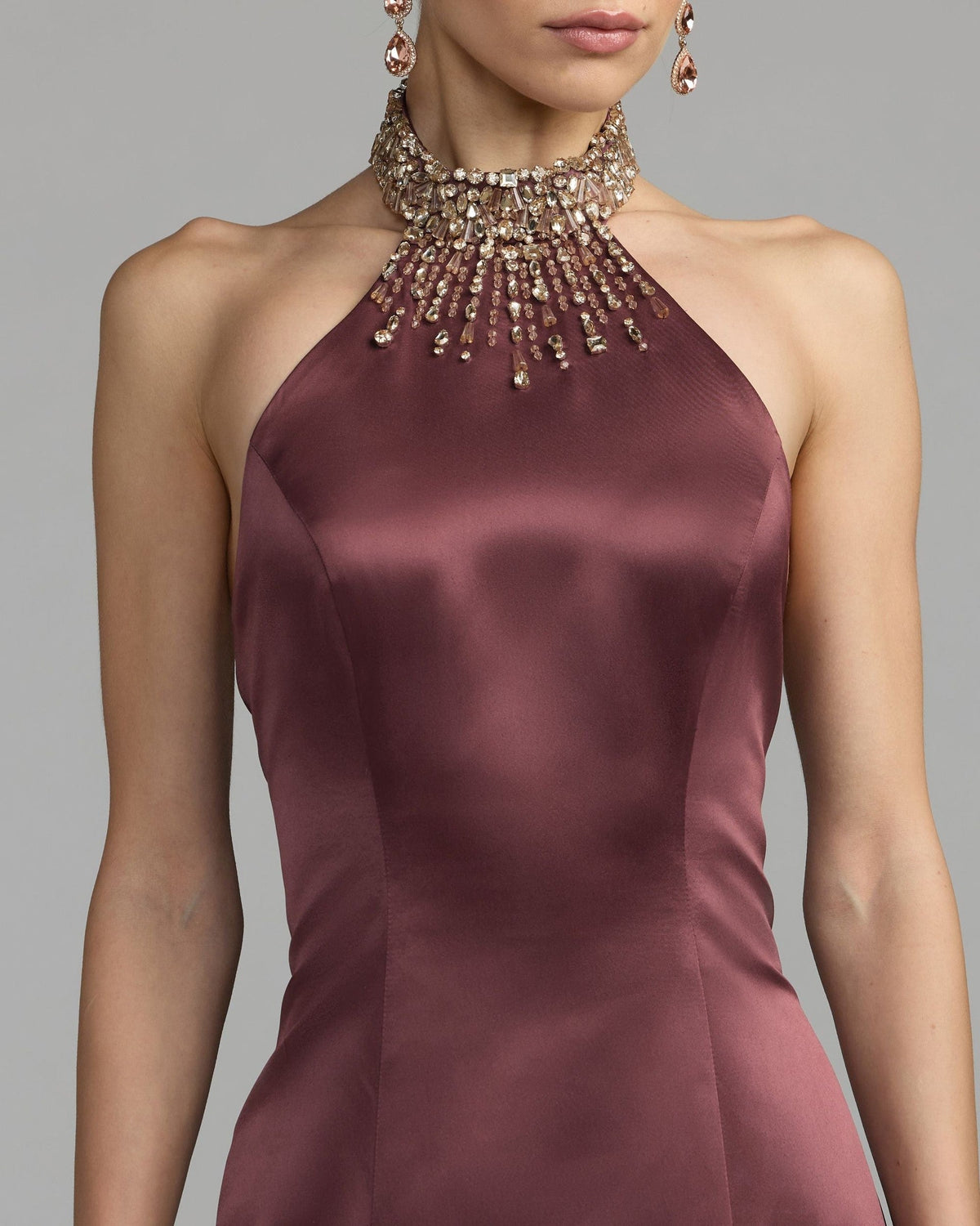 Deep Plum Satin Embellished Halter Mermaid Gown