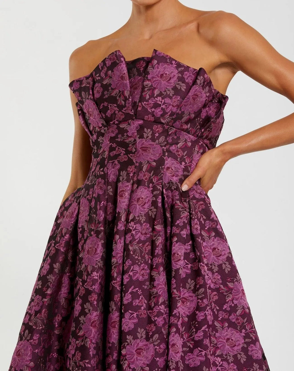 Purple Strapless Floral Brocade A-line Midi Dress
