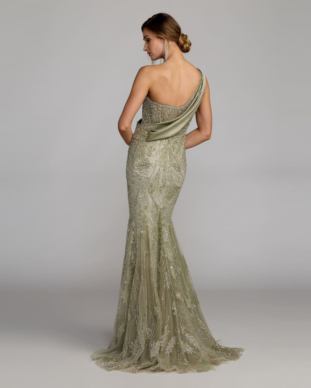 Sage Beaded One Shoulder Draped Mermaid Gown