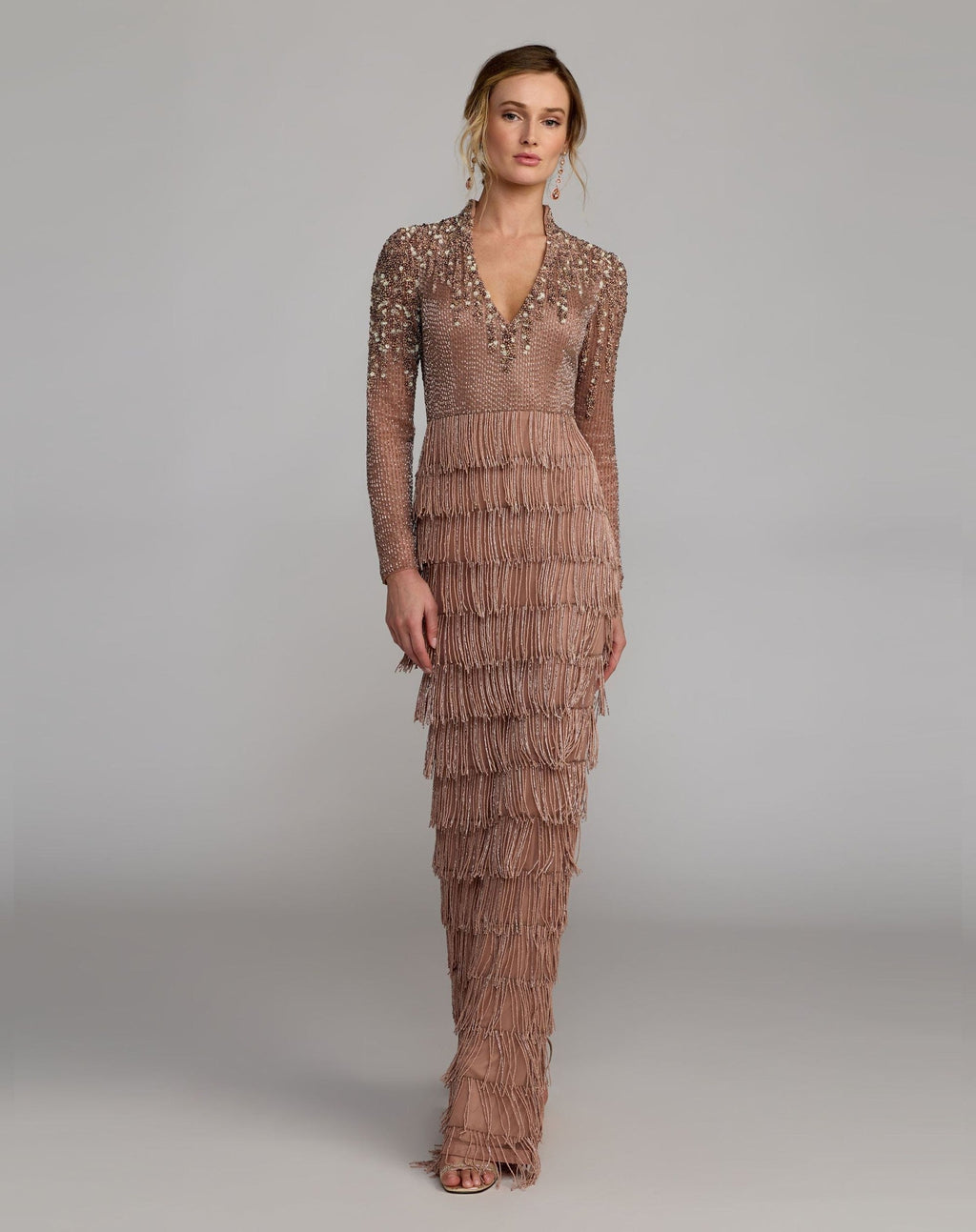 Petite Mocha Hand Beaded Long Sleeve Fringe Column Gown