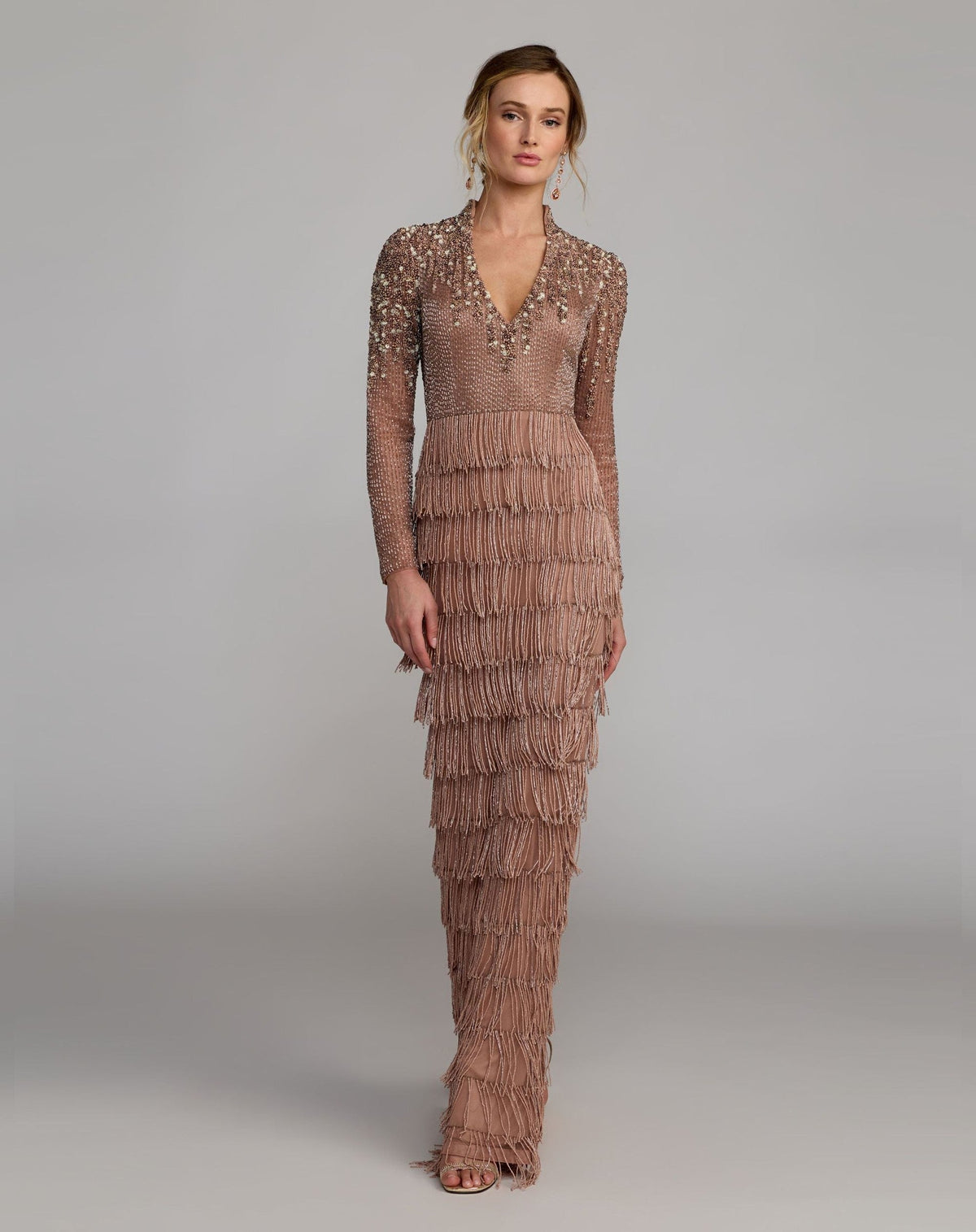 Petite Mocha Hand Beaded Long Sleeve Fringe Column Gown