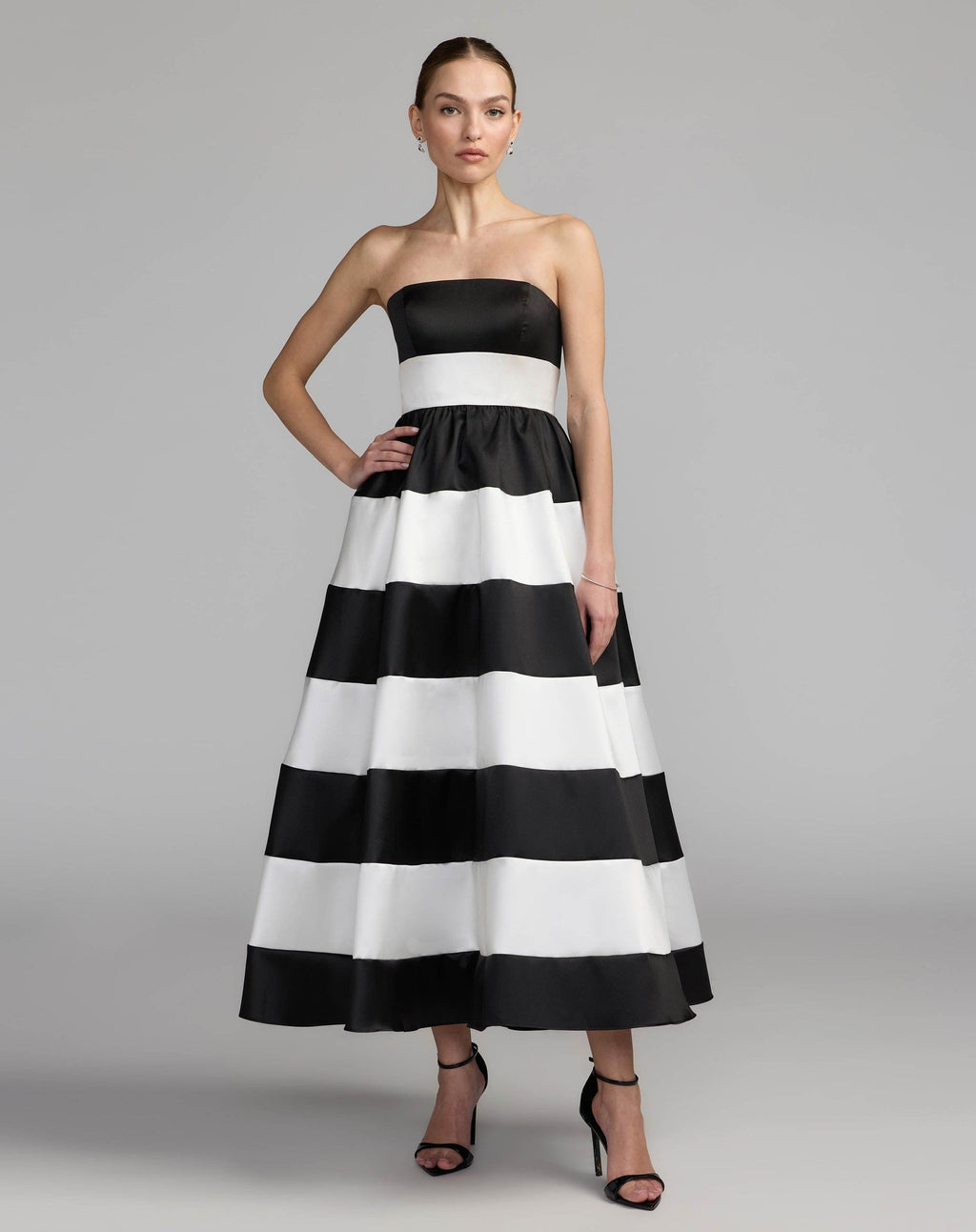 Black Ivory Striped Strapless Mikado Midi Dress