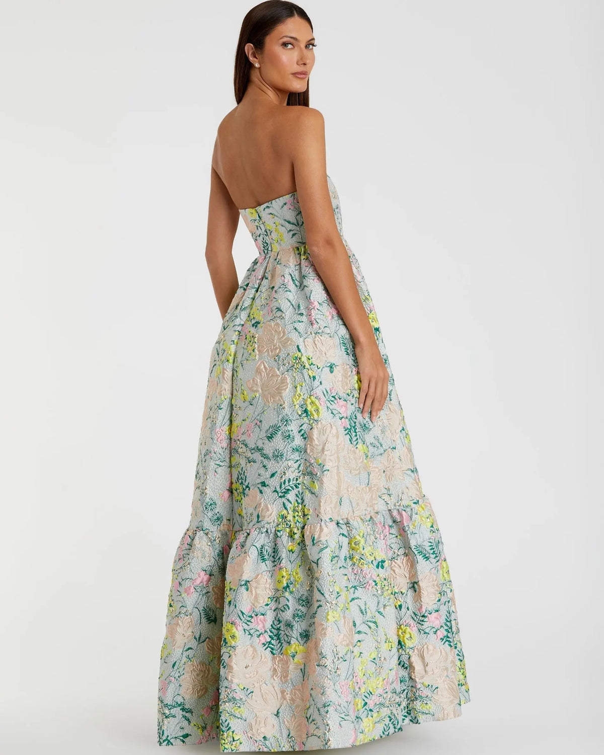 Pastel Multi Strapless Floral Brocade A-Line Gown
