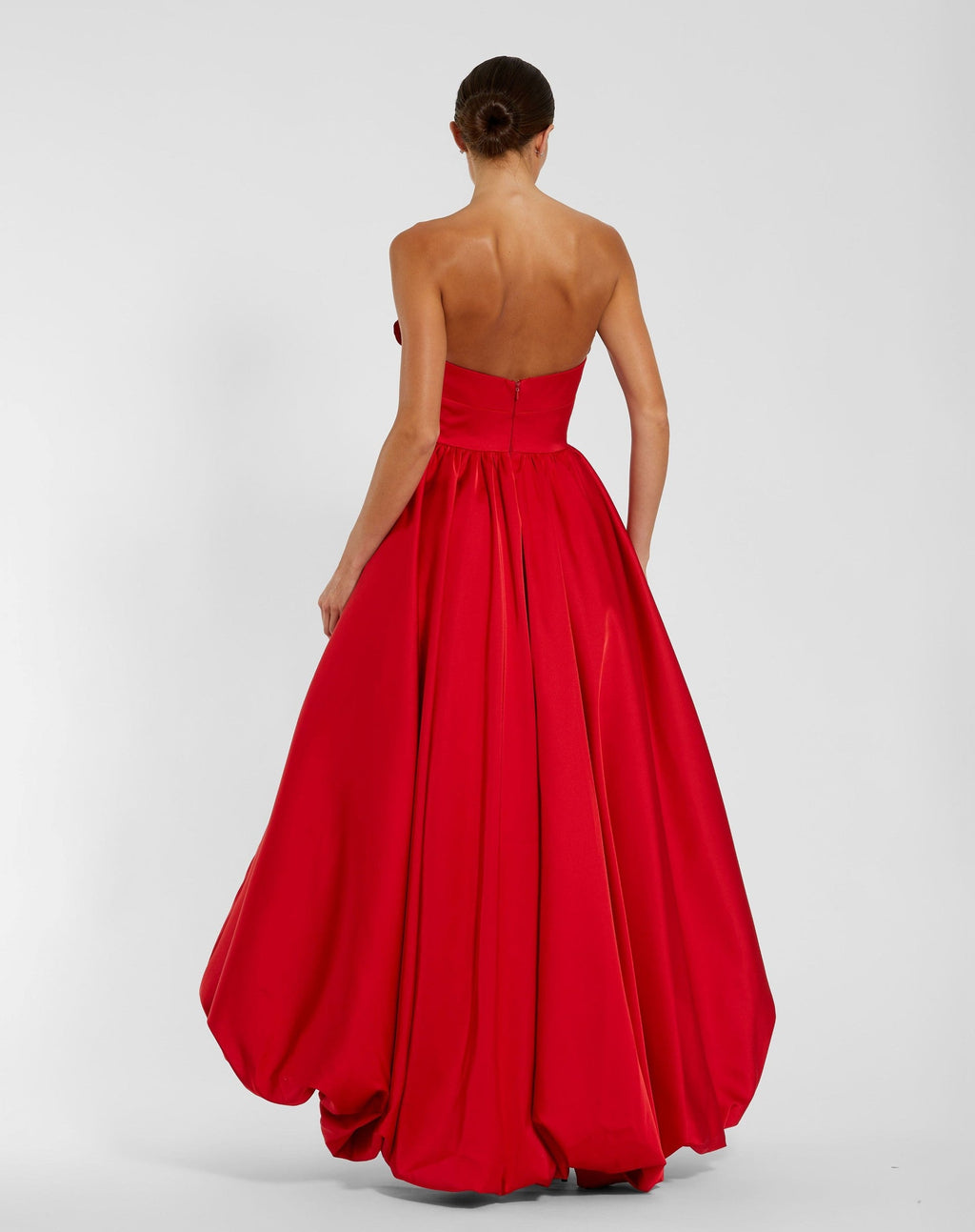 Red Strapless Bubble Hem High Low Ball Gown