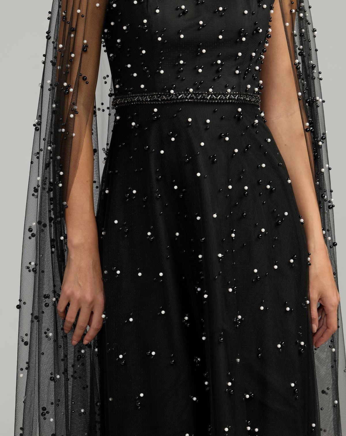 Pearl Embellished Cape Sleeve Gown