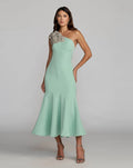 Sage Crepe One Shoulder Midi Dress With 3D Flower