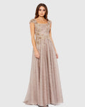 Mocha Floral Embroidered Cap Sleeve A-Line Gown