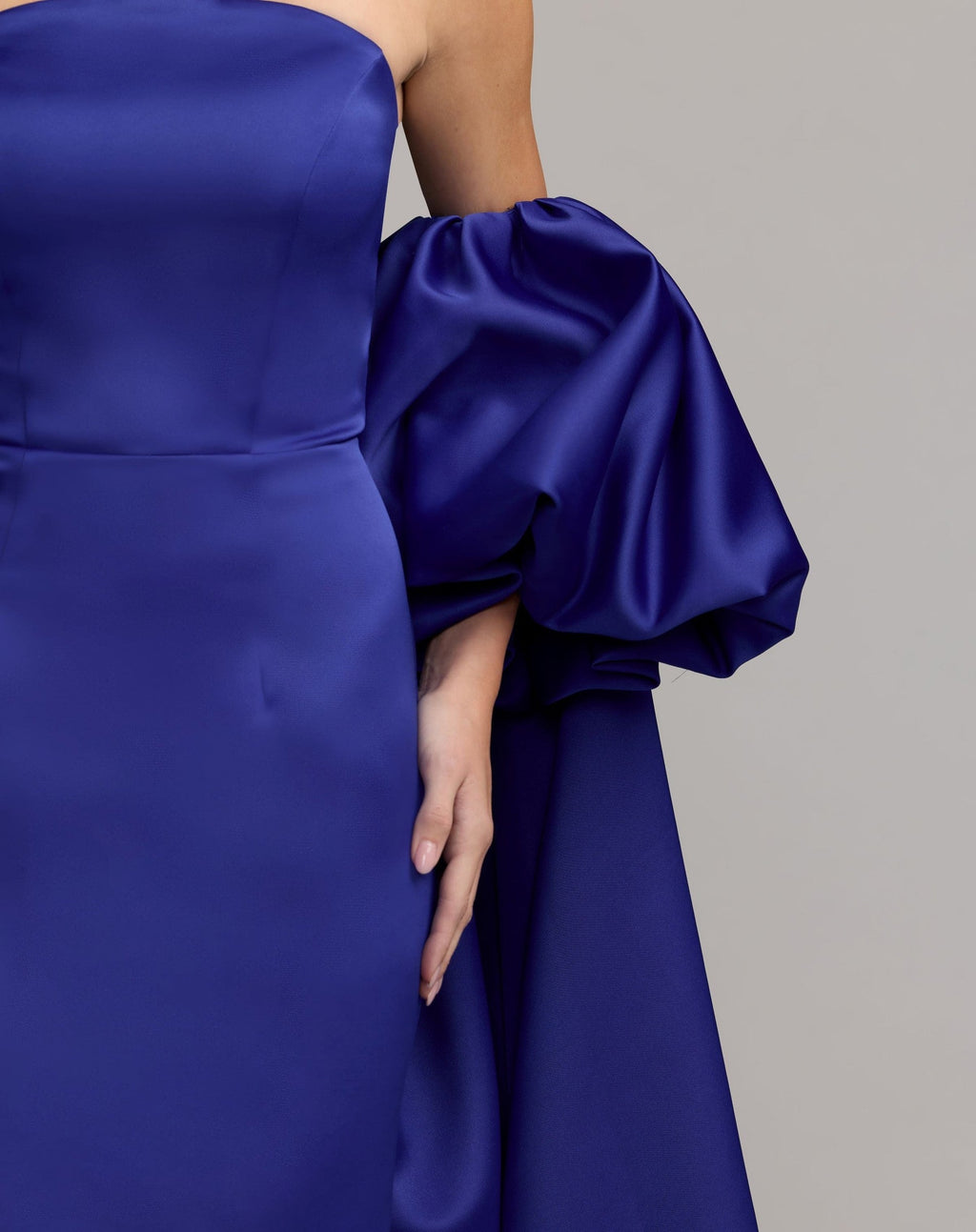 Cobalt Off The Shoulder Puff Sleeve Satin Gown With Cape