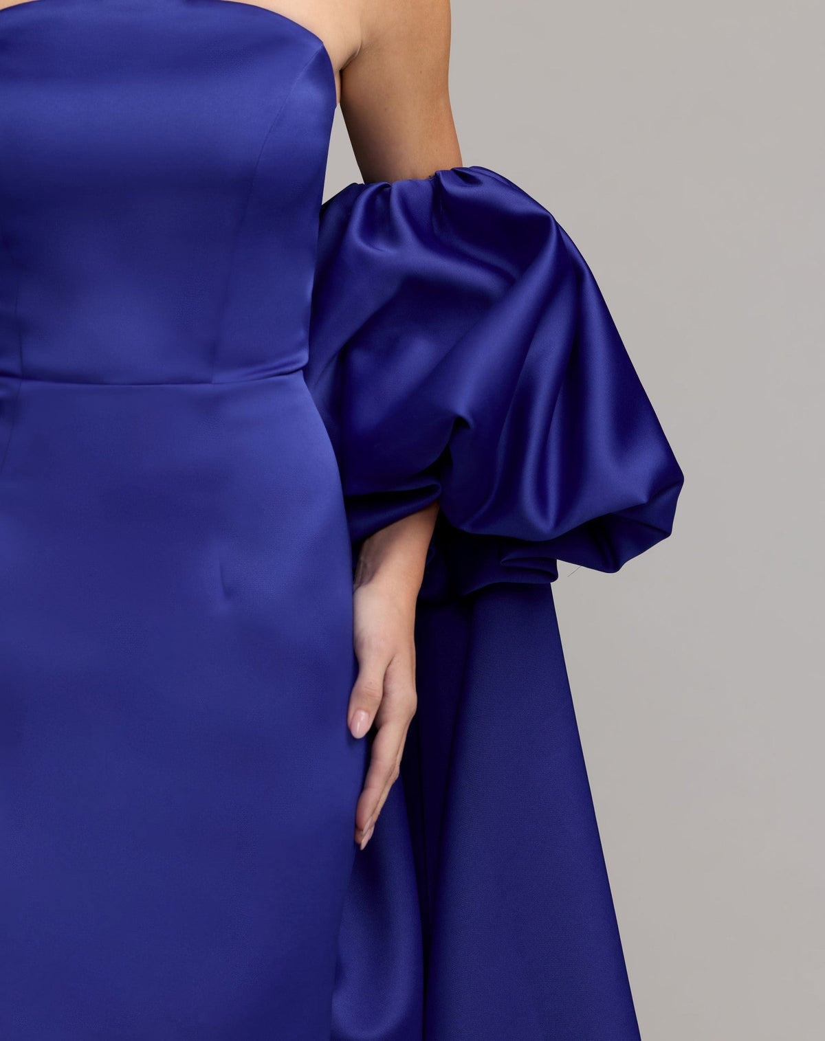 Cobalt Off The Shoulder Puff Sleeve Satin Gown With Cape