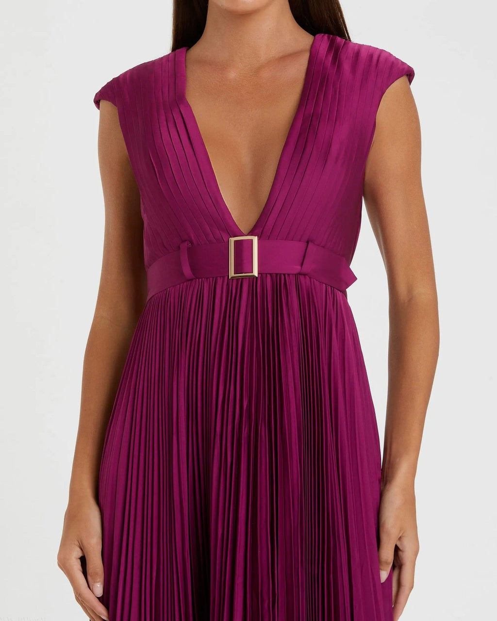 Purple Pleated Plunge Neck Belted A Line Gown