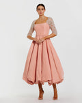 Pink Bubble Hem Midi Dress With Embellished Sleeves