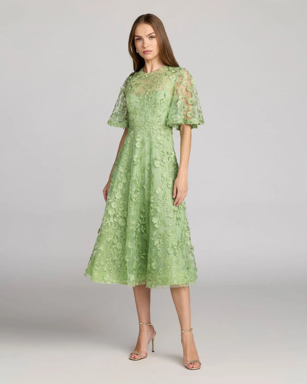 Sage Flutter Sleeve Embroidered Midi Dress
