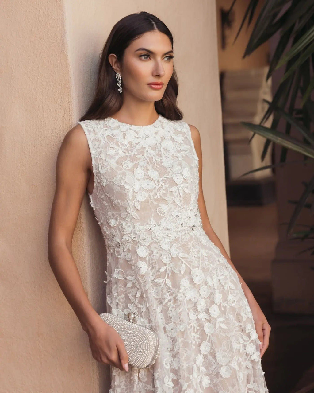 Ivory Nude Floral Embroidered High Neck Midi Dress