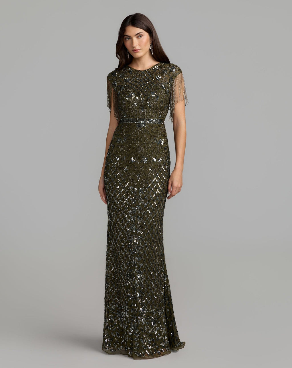 High Neck Sleeveless Beaded Fringe Fitted Gown