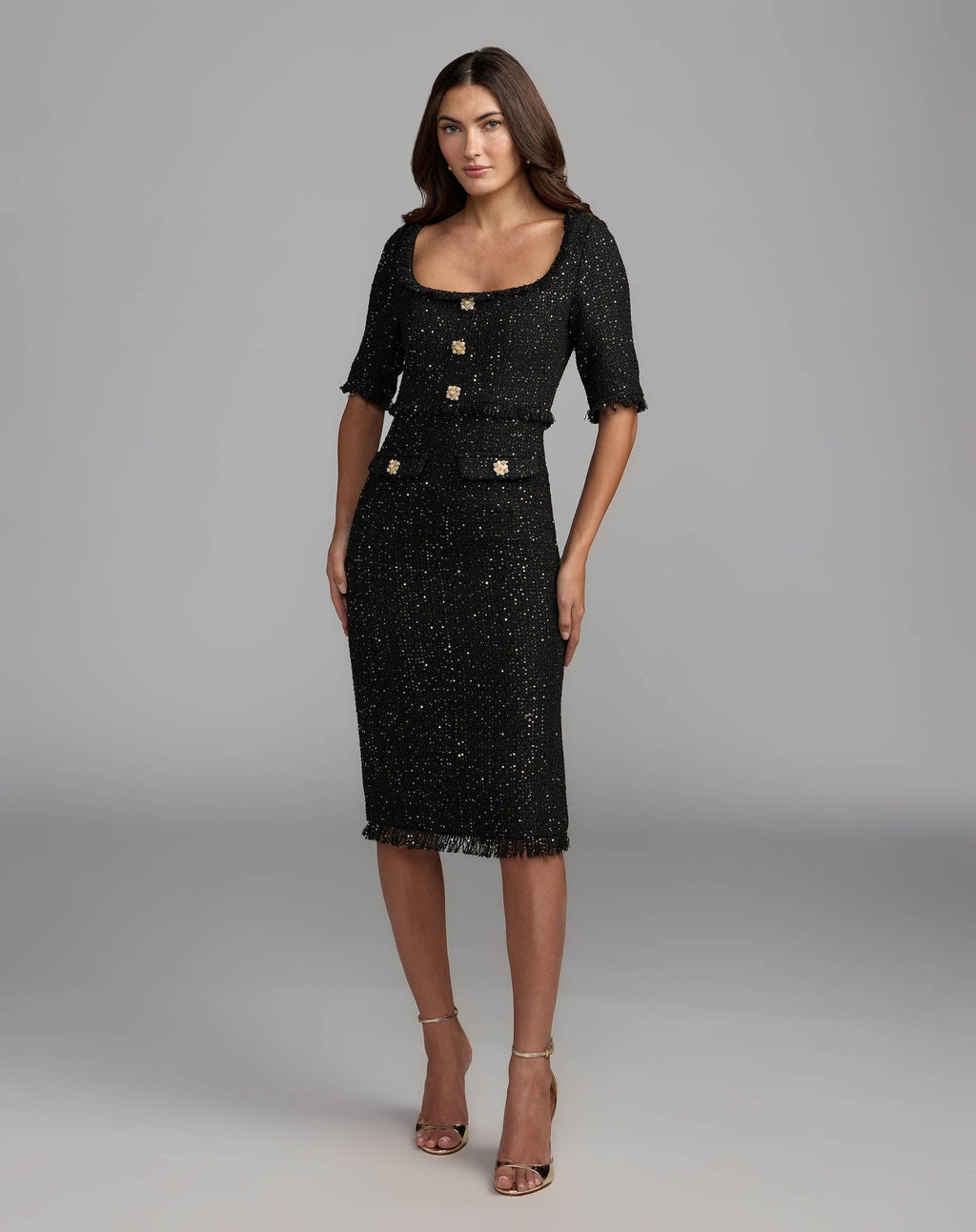 Black Sequin Boucle Midi Dress