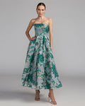 Teal Strapless Brocade Midi Dress with Pockets