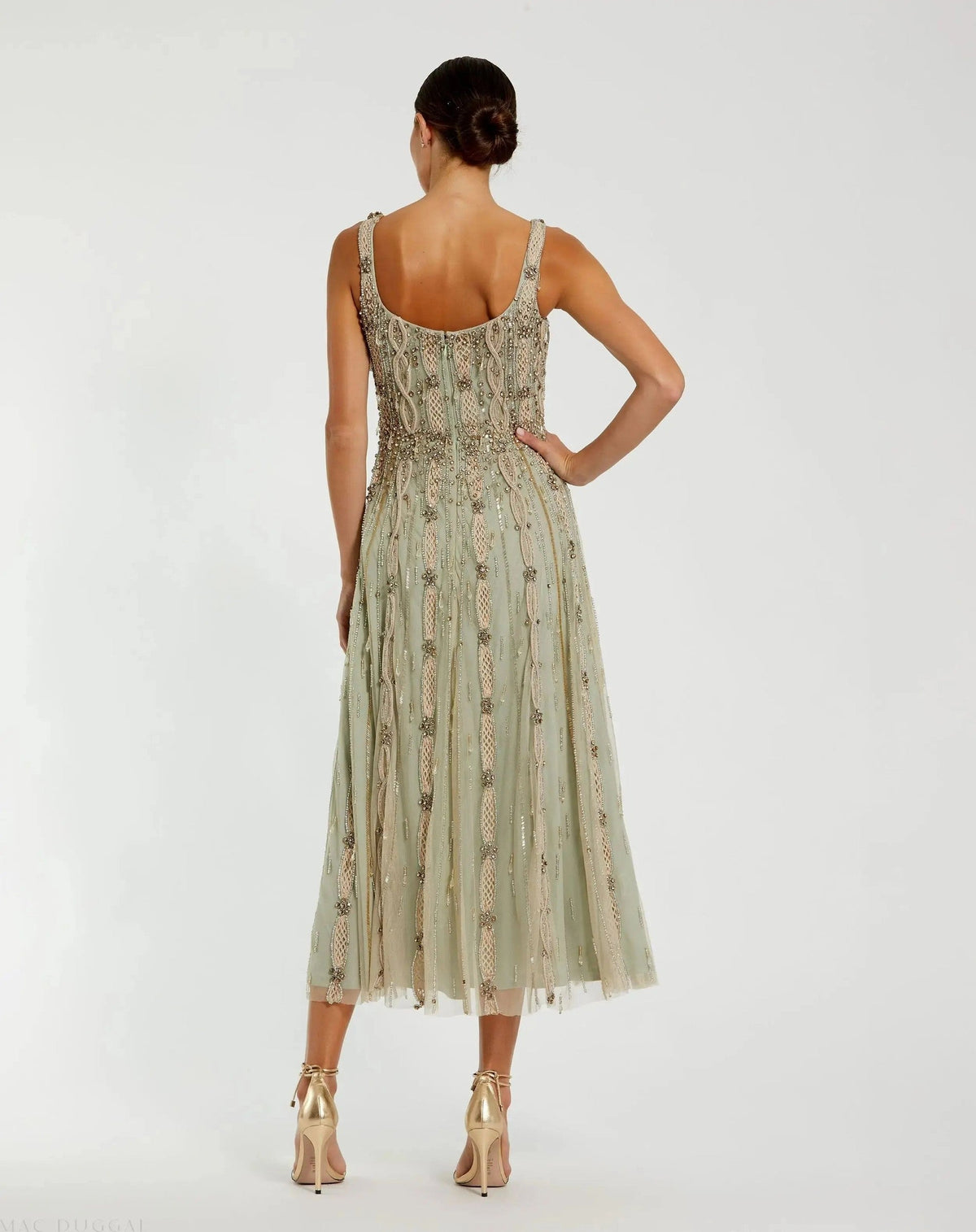 Nude Sage Sleeveless Scoop Neck Embellished Midi Dress