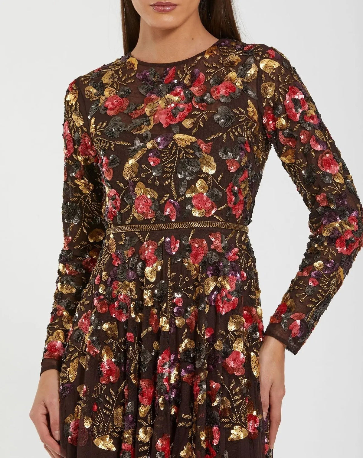 Espresso Multi Long Sleeve Floral Embellished Evening Gown
