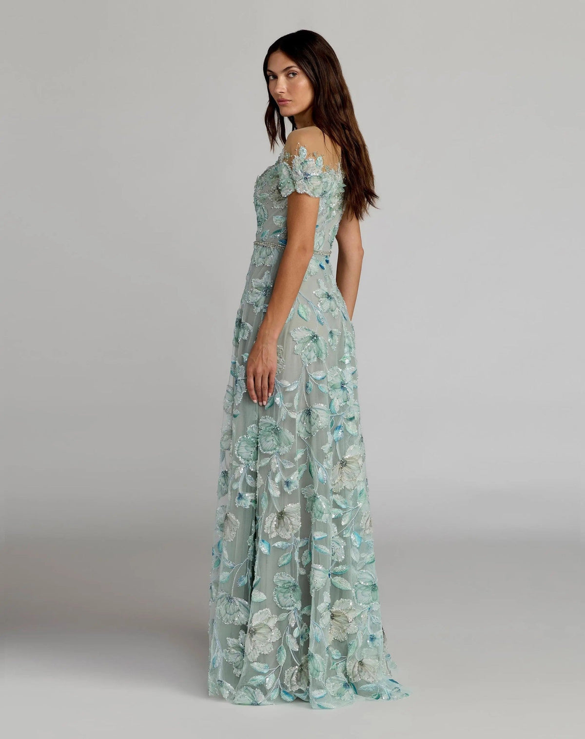 Green High Neck Cap Sleeve Embellished A-Line Gown