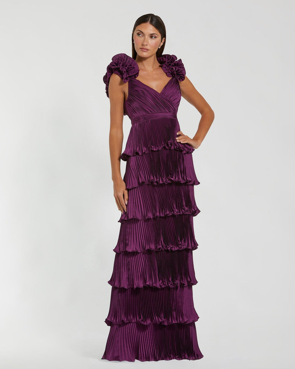 Aubergine Pleated Charmeuse Tiered Gown With Ruffle Straps