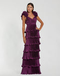 Aubergine Pleated Charmeuse Tiered Gown With Ruffle Straps