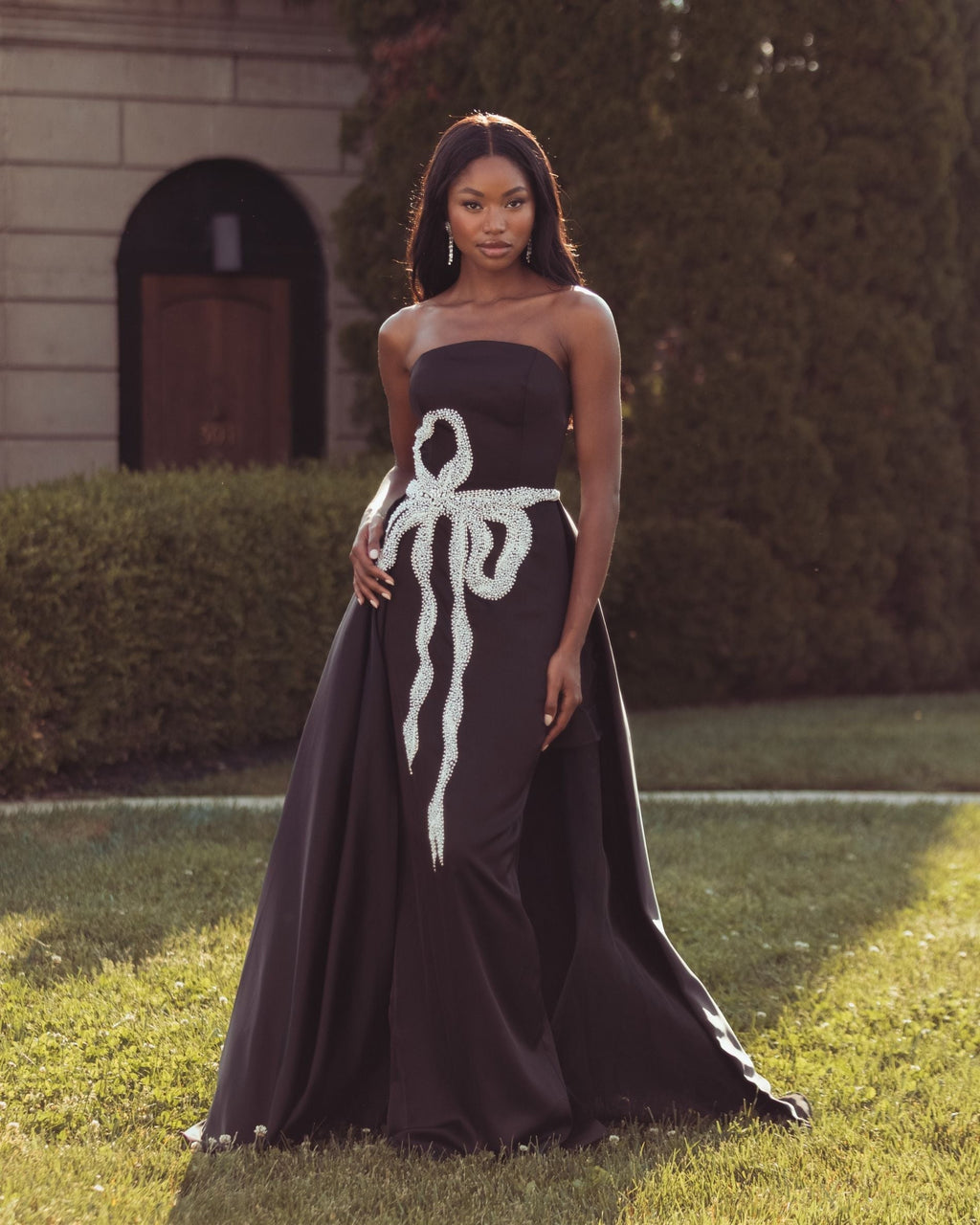 Black White Strapless Embellished Satin Gown with Overskirt