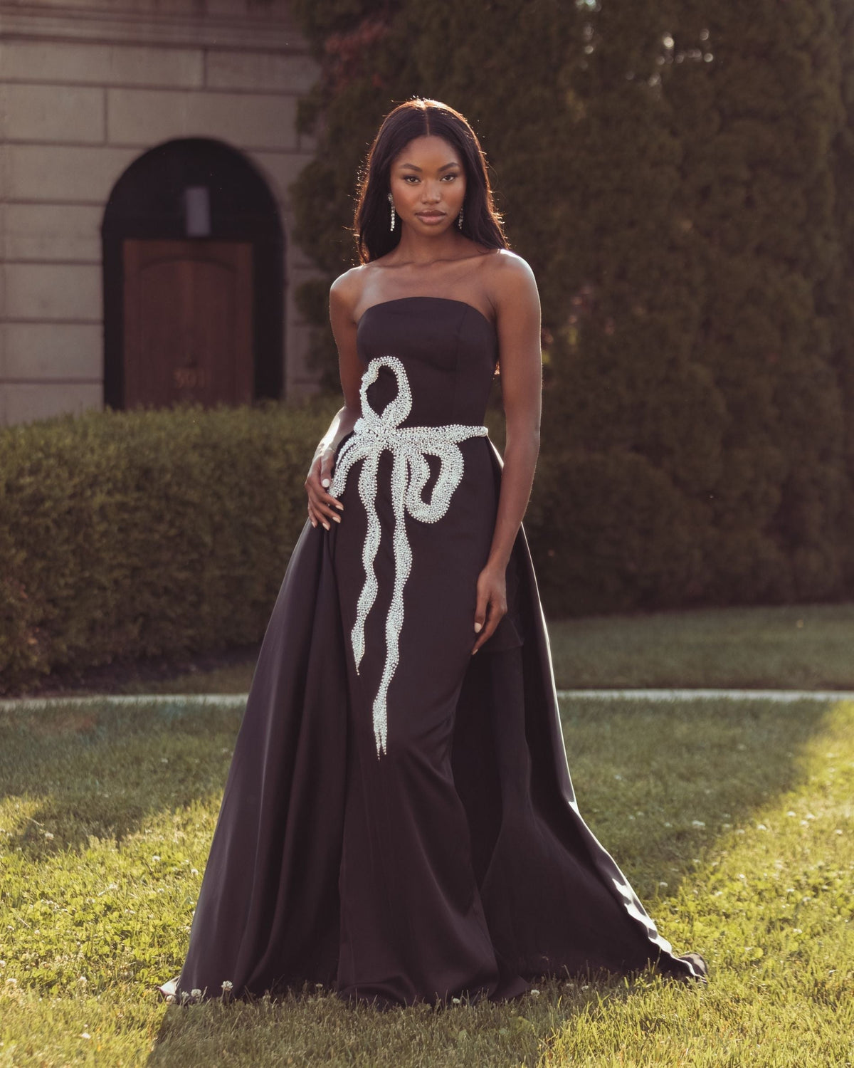 Black White Strapless Embellished Satin Gown with Overskirt