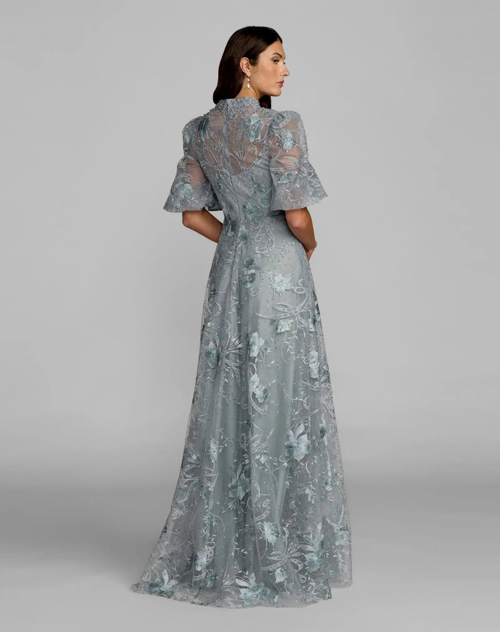 French Blue Queen Anne Puff Sleeve Embroidered A-Line Gown