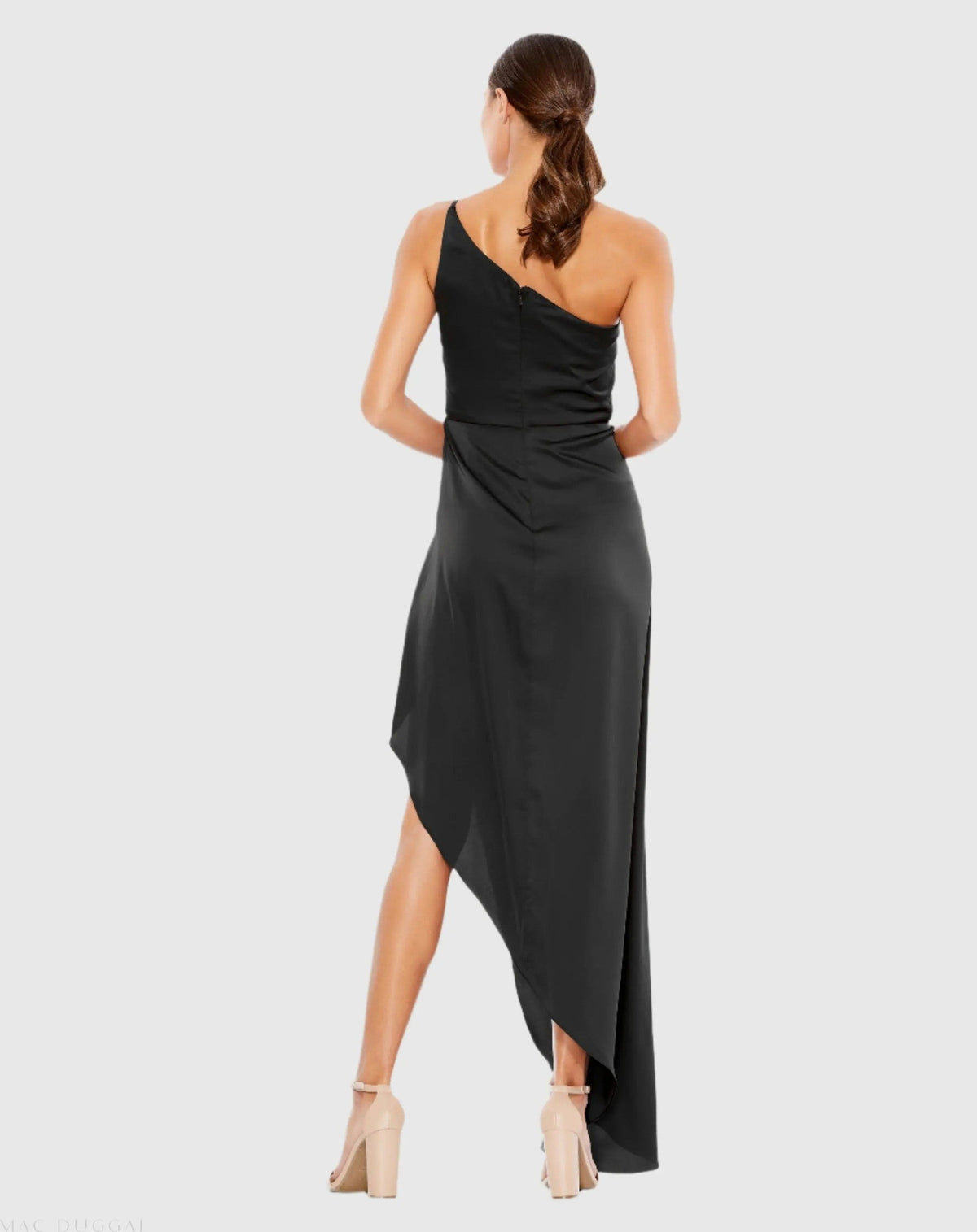 Black One Shoulder Hi-Low Draped Charmeuse Dress