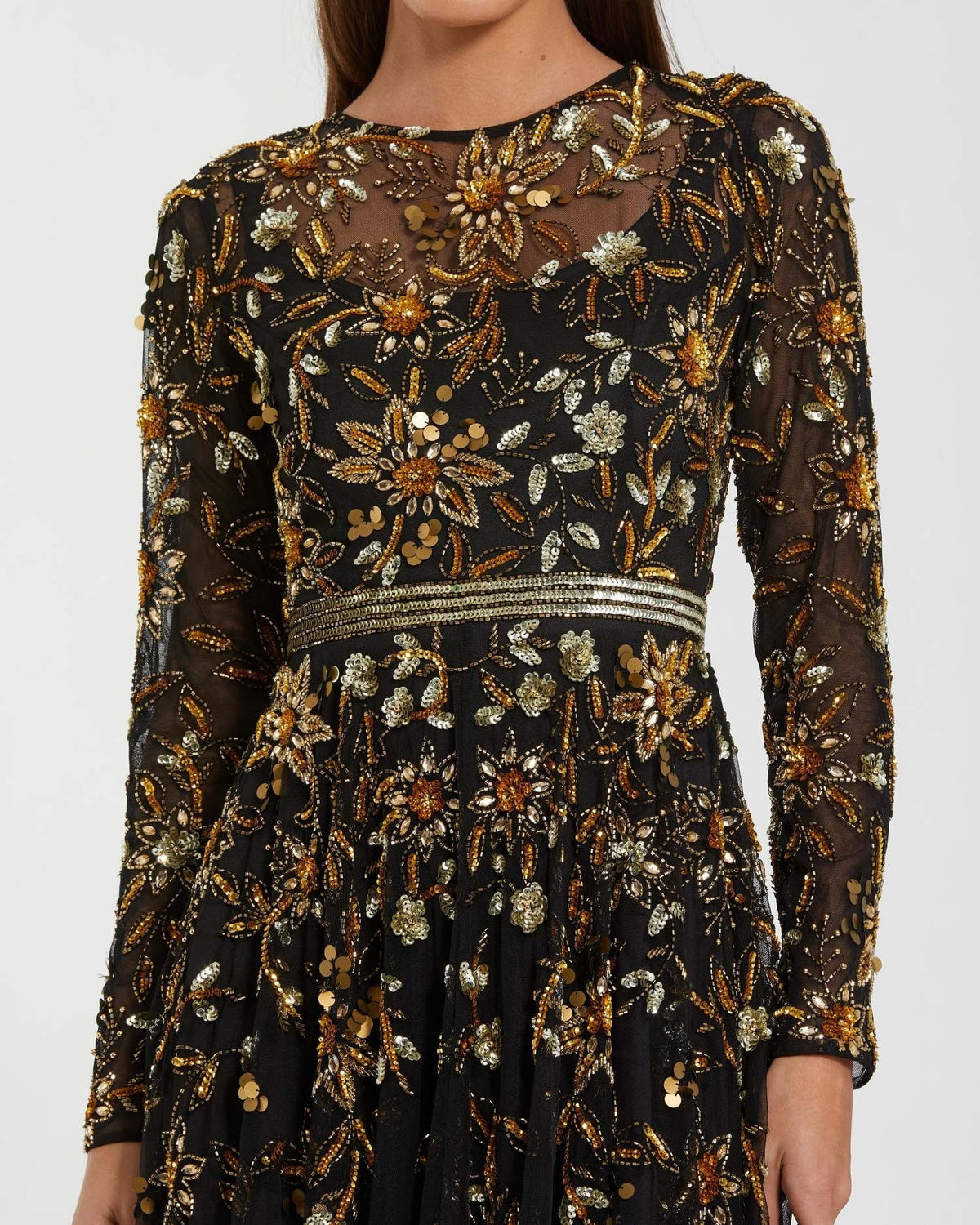Black Hand Embellished Long Sleeve A Line Gown