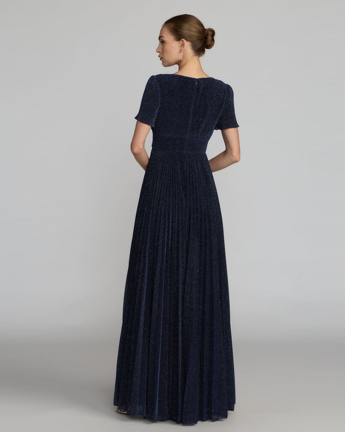 Petite Midnight Pleated Metallic Flutter Sleeve A Line Gown