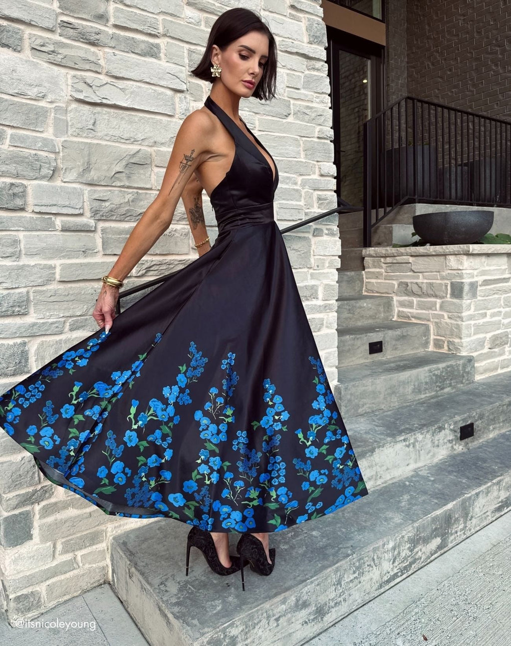 Black Halter Neck Floral Printed Satin Midi Dress