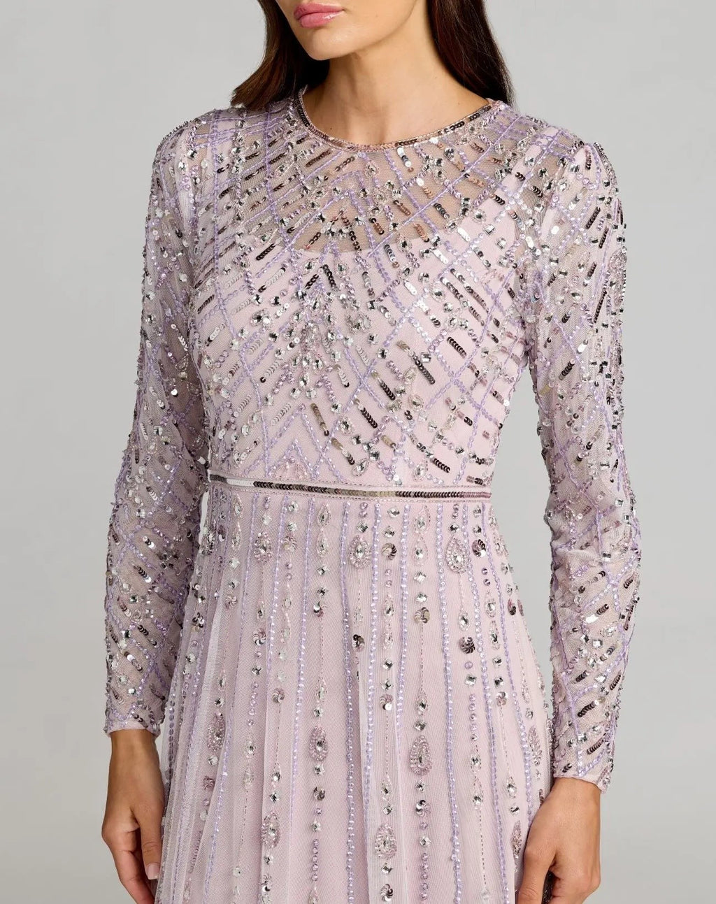 Purple Embellished Long Sleeve Evening Gown