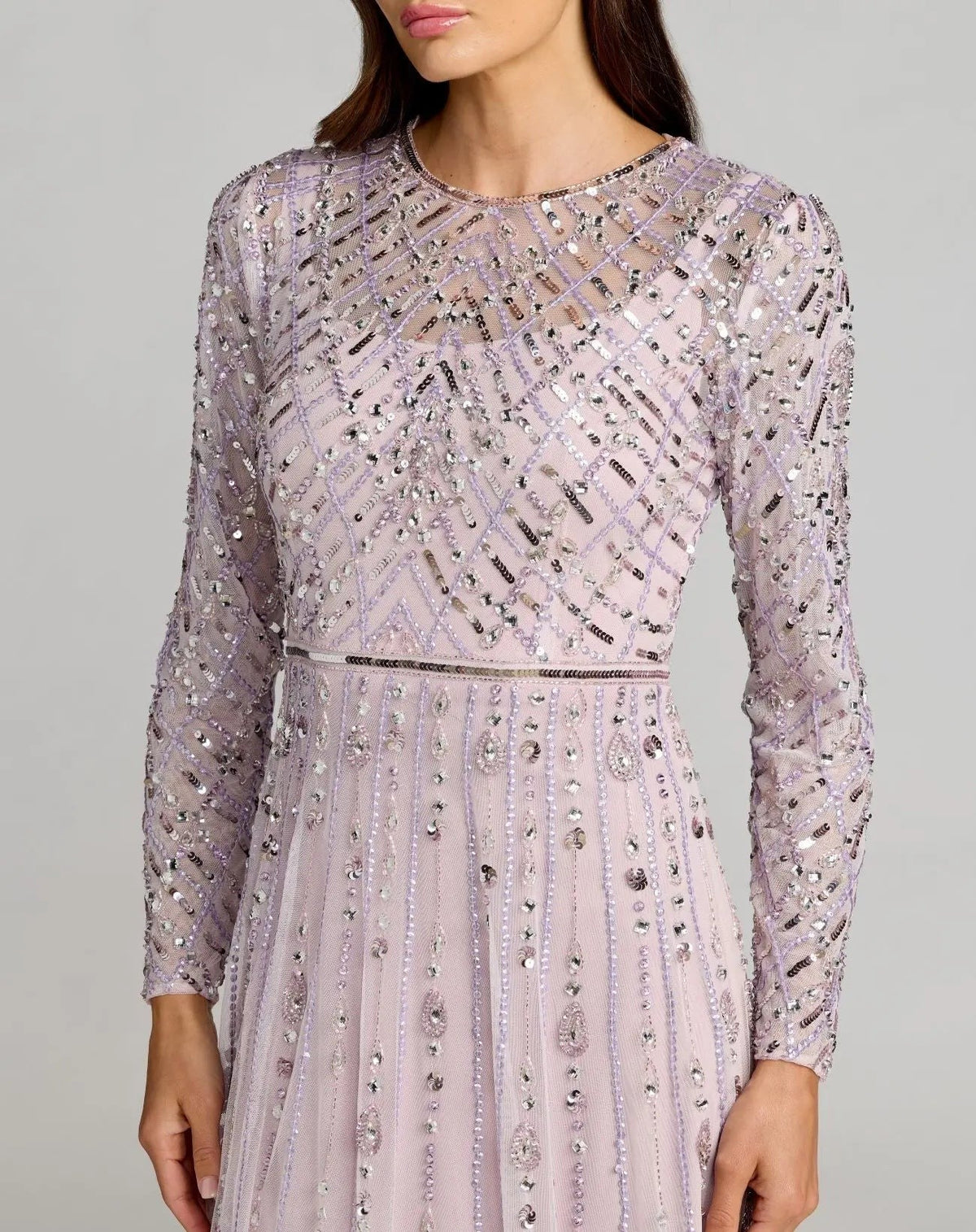 Purple Embellished Long Sleeve Evening Gown