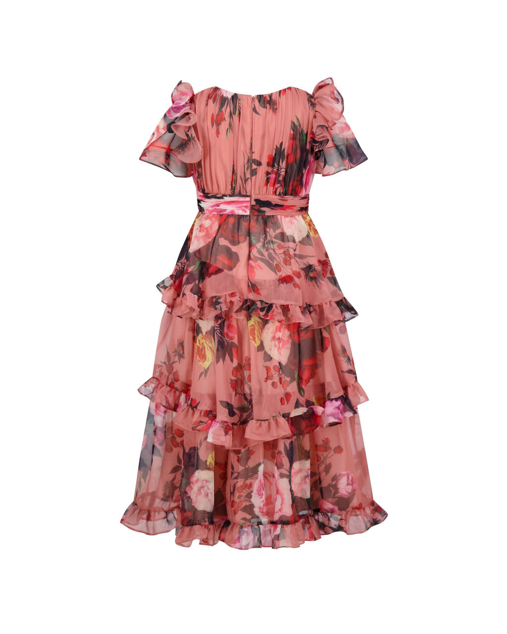 Girls Rose Multi Floral Chiffon Tiered Ruffle Dress