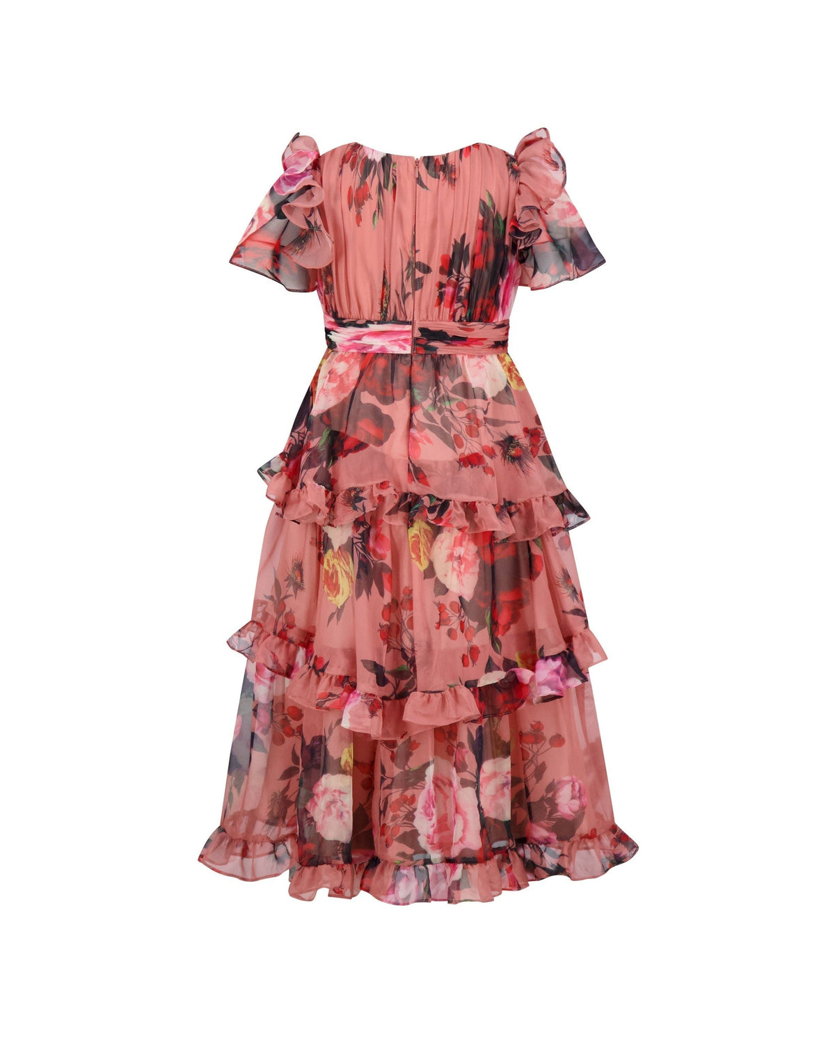 Girls Rose Multi Floral Chiffon Tiered Ruffle Dress
