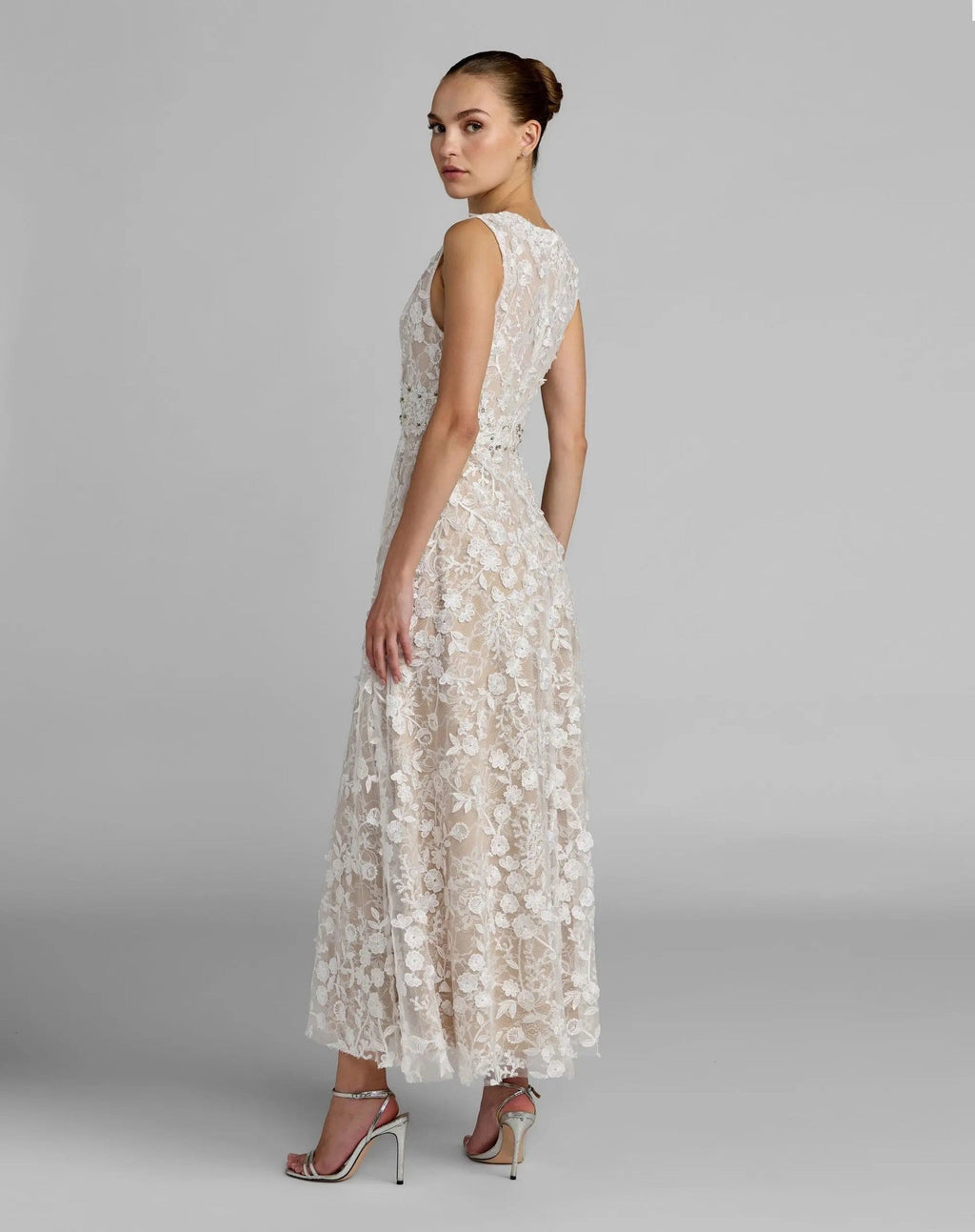 Ivory Nude Floral Embroidered High Neck Midi Dress